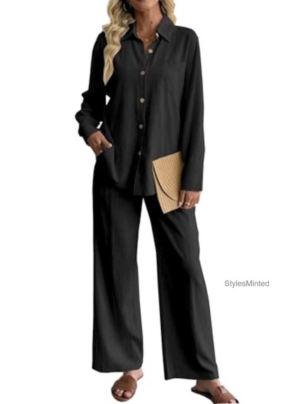 Linen Blend 2 Piece Outfit Button Down Shirt Wide Leg Pants Set